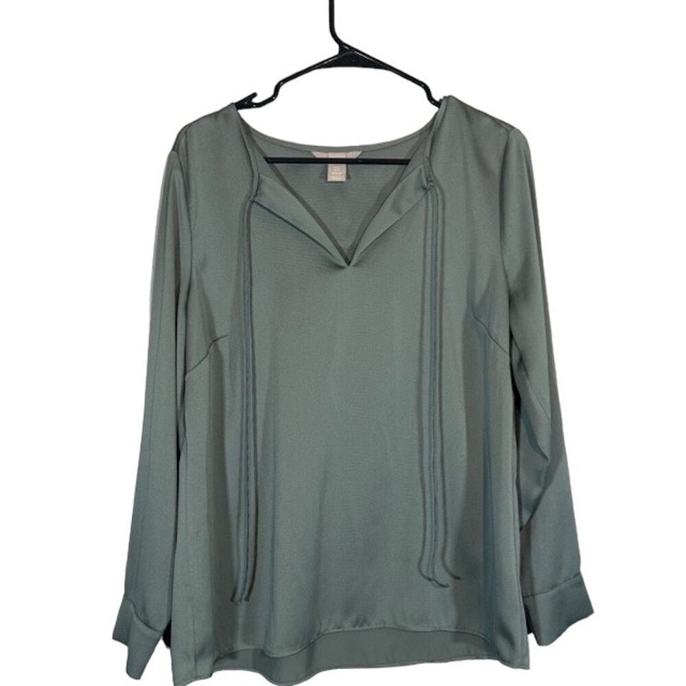 H&M Women’s Olive Green Long Sleeve Tie V-Neck Dressy Blouse Size Medium